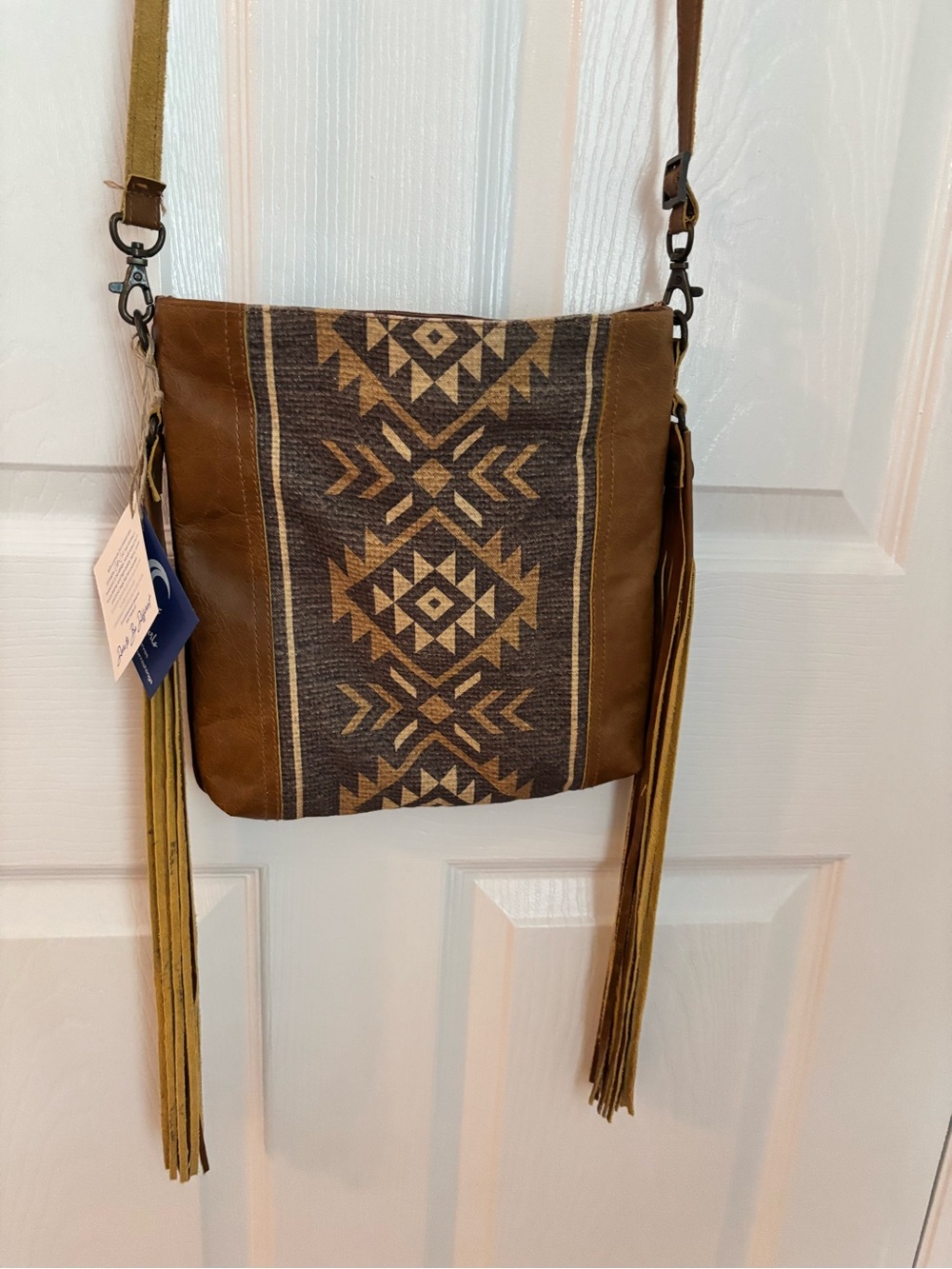 Brown Tribal print Crossbody Bag with Fringe nwt